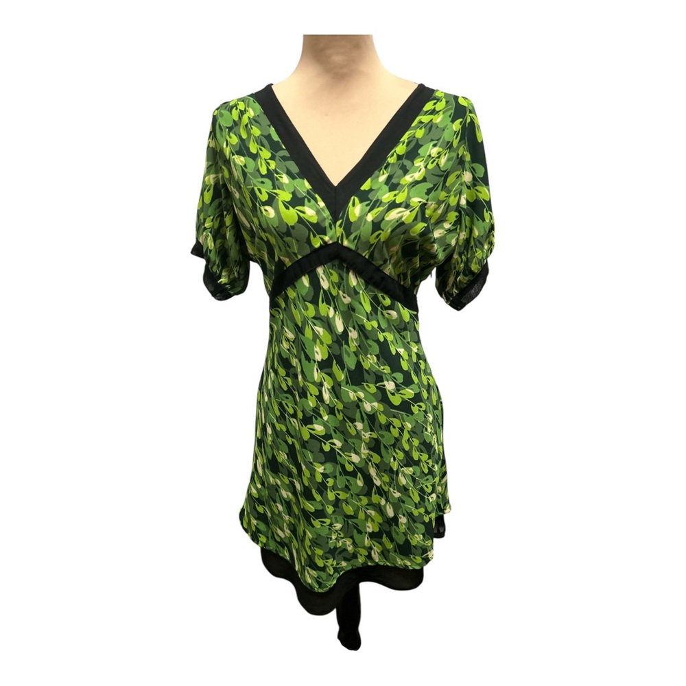 Uttam London Green Leaf Print Black & Trim Mini Dress By Uttam London Size Large